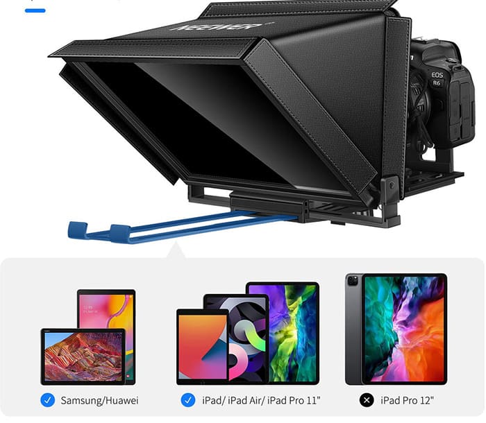 Neewer X12 Remote Teleprompter hỗ trợ hầu hết các loại tablet và smartphone có kích thước tối đa 9.84 x 8.68 inch