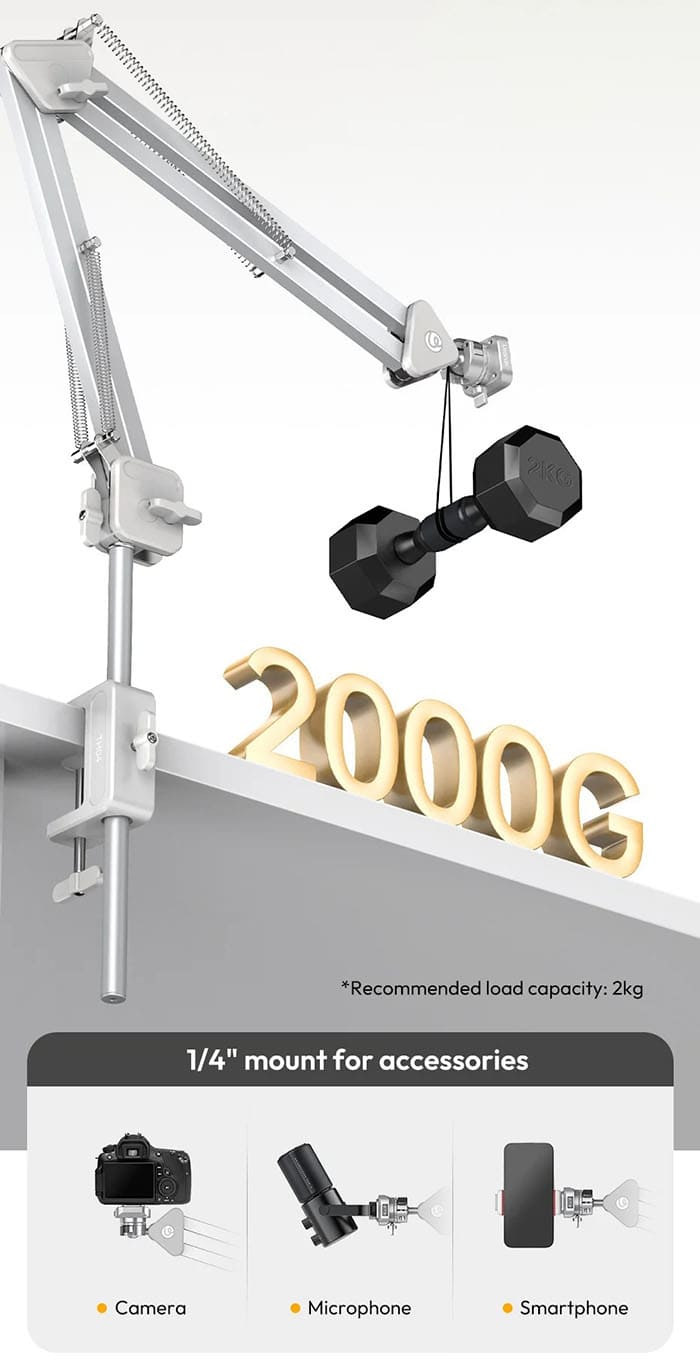 Tay Arm Topshot Ulanzi TH04 được chế tạo từ kim loại bền bỉ, hỗ trợ tải trọng khuyến nghị lên đến 2kg