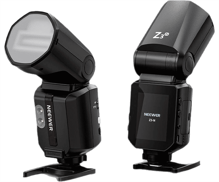 Neewer Z3 được trang bị đầu flash Fresnel tròn có thể xoay ngang 0–330° và nghiêng dọc –7° đến 120°
