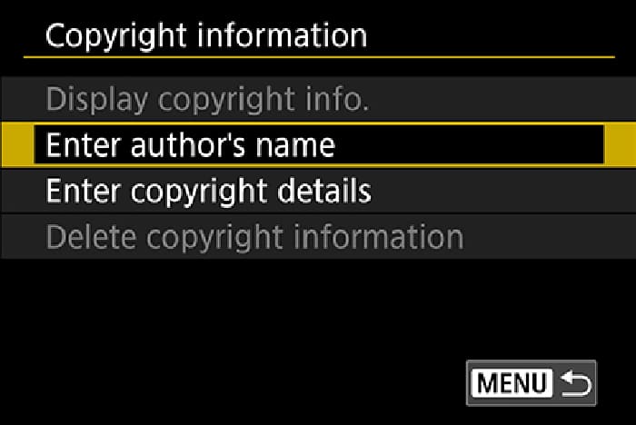 Nhập tên tác giả, website hoặc thông tin liên hệ vào menu Copyright Information trong menu Yellow