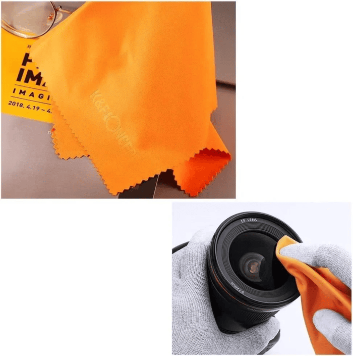 Khăn microfiber mềm mại hỗ trợ loại bỏ bụi bẩn và dấu vân tay trên bề mặt ống kính trong quá trình vệ sinh