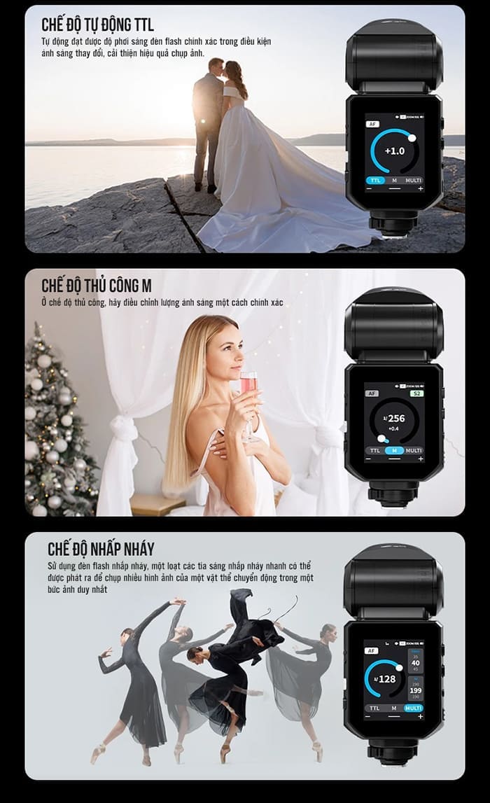 Bộ sản phẩm bao gồm flash, pin Li-ion, túi đựng, chân đế cold shoe, cáp USB-C, dome tán sáng và cao su chống ẩm cho hot shoe