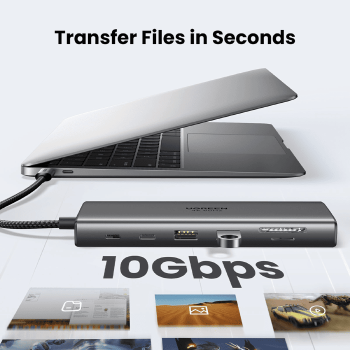 Thiết bị tích hợp 11 cổng bao gồm 1 HDMI, 1 VGA, 2 USB-C, 2 USB-A, 1 RJ45, khe thẻ SD, khe thẻ TF và jack âm thanh 3.5mm