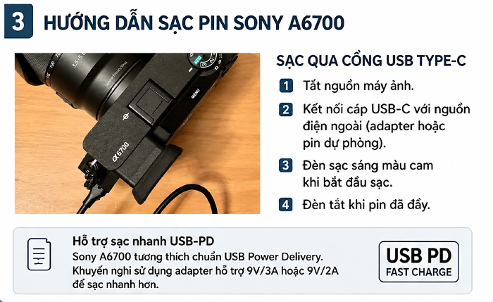 Hướng dẫn sạc pin Sony A6700