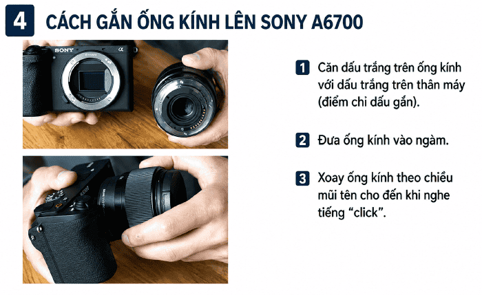 Cách gắn ống kính lên Sony A6700