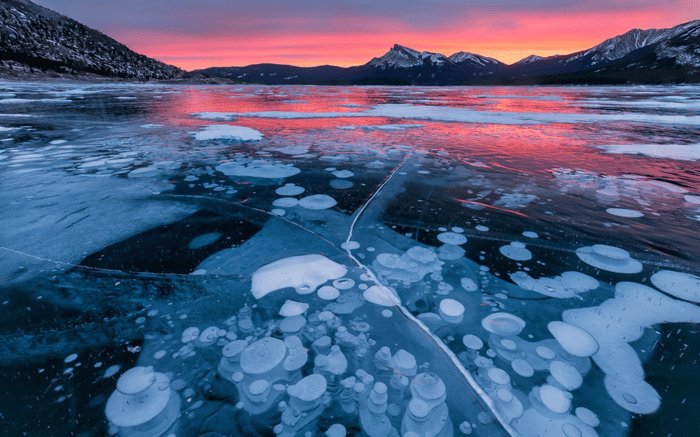 Canon EOS 5D Mark III, EF16-35mm f/4L IS USM lens, f/11, 16mm, 2.5sec, ISO 100 Bong bóng methane dưới mặt băng, Hồ Abraham, Alberta Canada