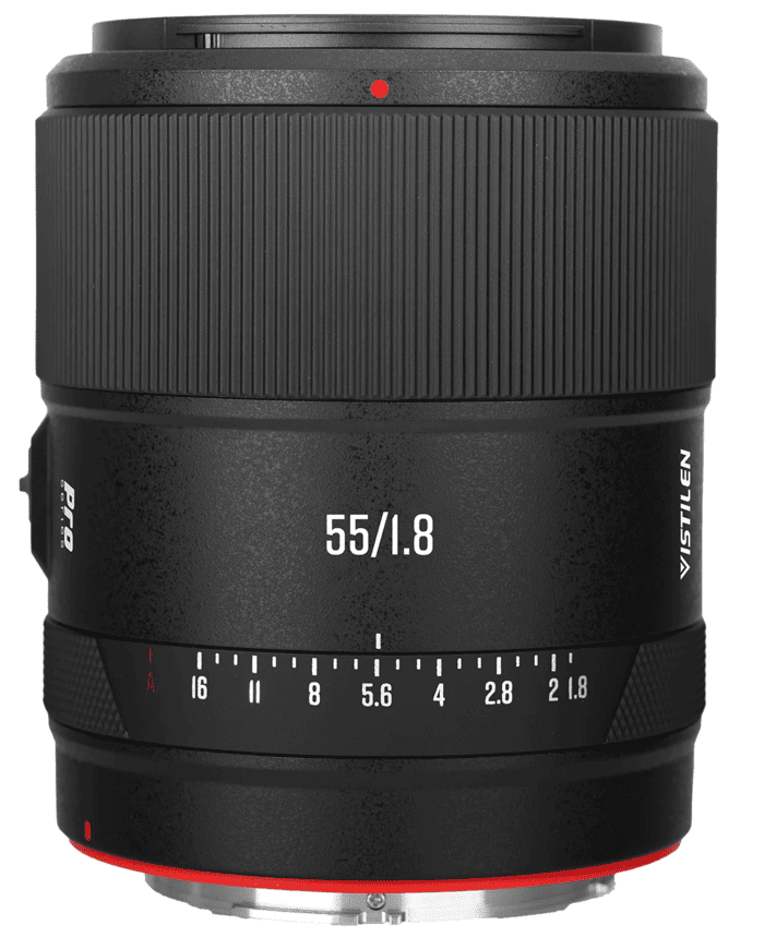 Vistilen AF 55mm F1.8 Pro STM có đường kính ngoài 74mm, kích thước tổng thể Φ74 x 88mm và trọng lượng khoảng 370gram