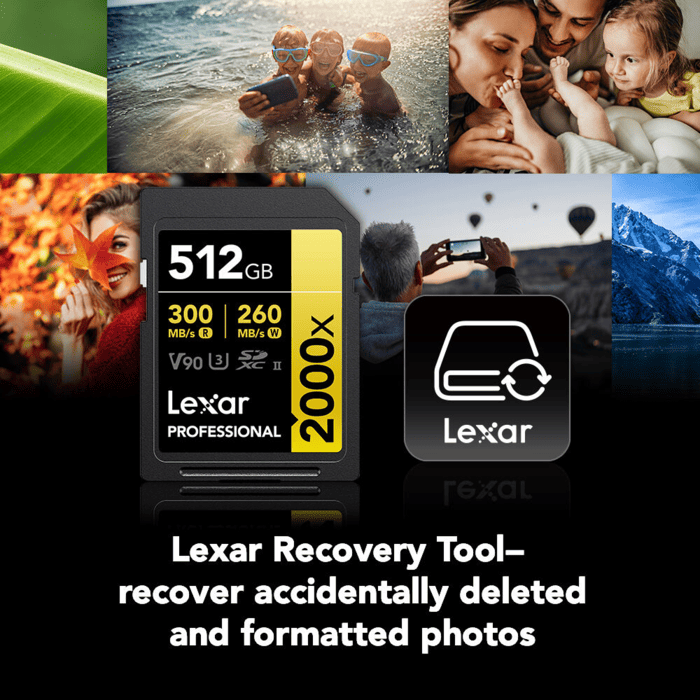 Lexar Professional 2000x SDXC UHS-II V90 được trang bị công tắc chống ghi tích hợp trên thân thẻ
