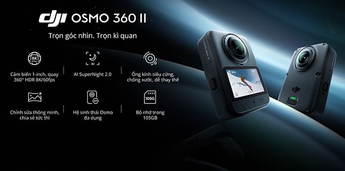 DJI Osmo 360 II là thế hệ camera 360° hướng đến nhu cầu sáng tạo nội dung chất lượng cao, kết hợp hệ thống hình ảnh 1 inch