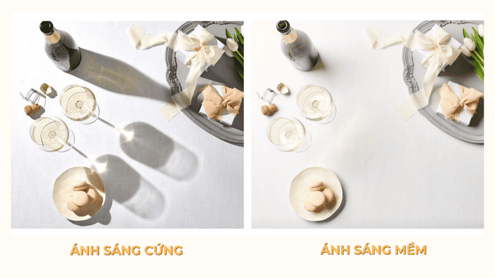Sự khác biệt giữa ánh sáng cứng và ánh sáng mềm thể hiện rõ nhất ở cách ánh sáng tạo ra bóng đổ trên chủ thể