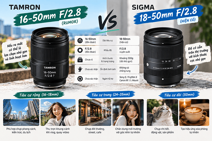 Nếu Tamron lựa chọn thiết kế 16-50mm F/2.8 nhỏ gọn, một trong những sản phẩm dễ được đặt lên bàn cân nhất sẽ là Sigma 18-50mm F/2.8 DC DN Contemporary